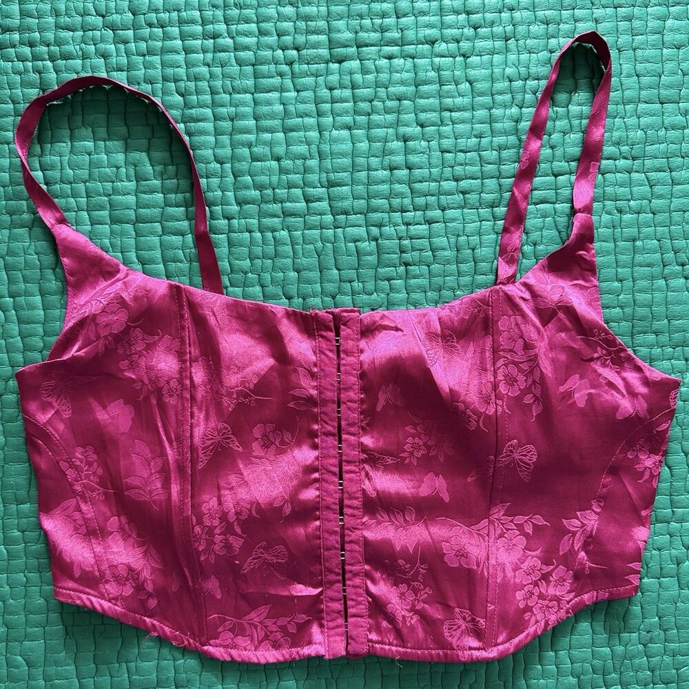 LA HEARTS Hot Pink Burnout Silk Corset Bustier Crop Tank Top M Boning Sexy Club